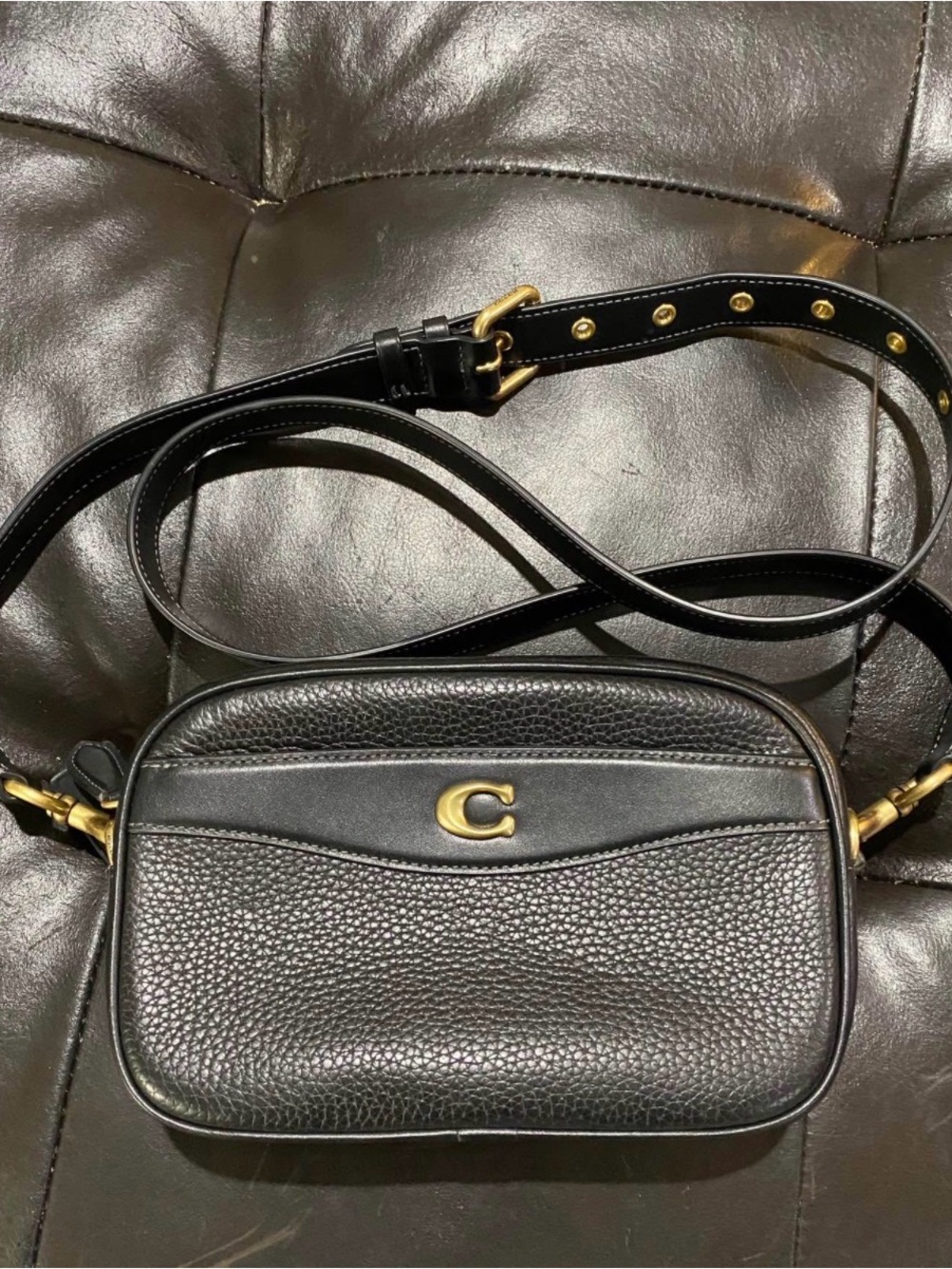 Coach Black Pebbled Leather Camera Bag with Gold Hardware